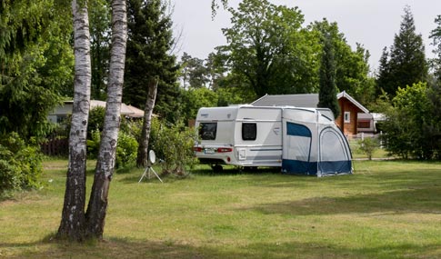 Ein weißer Wohnwagen mit einem blauen Vorzelt steht auf einem grasbewachsenen Campingplatz, der von Bäumen und Häusern in der Nähe umgeben ist.