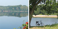 Nebeneinander liegende Bilder eines ruhigen Sees mit Bäumen im Hintergrund; ein Bild zeigt ein unter einem Baum am Ufer geparktes Fahrrad.