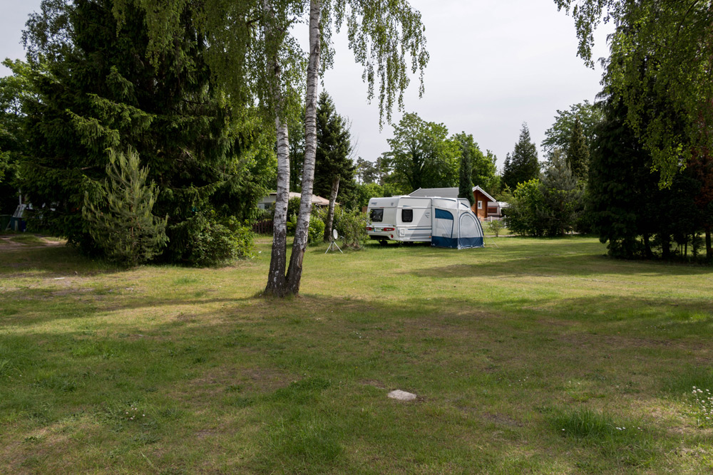 Ein weißes Wohnmobil mit einer blauen Markise ist auf einer von Bäumen umgebenen Wiese geparkt, und im Hintergrund ist ein kleines Haus zu sehen.