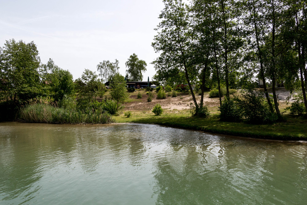 Ein ruhiger See mit grünlichem Wasser im Vordergrund und einem grasbewachsenen, von Bäumen gesäumten Ufer im Hintergrund unter einem teilweise bewölkten Himmel.