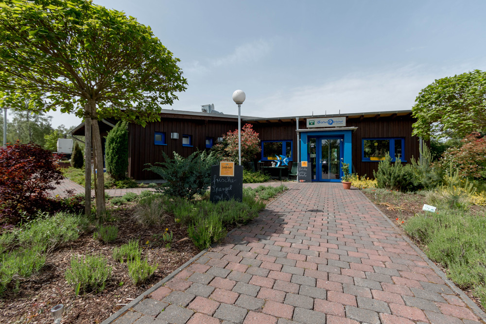 Ein einstöckiges Gebäude mit einer dunklen Holzfassade, blauen Türen und einem von Pflanzen und Bäumen gesäumten Weg, der zum Eingang führt.