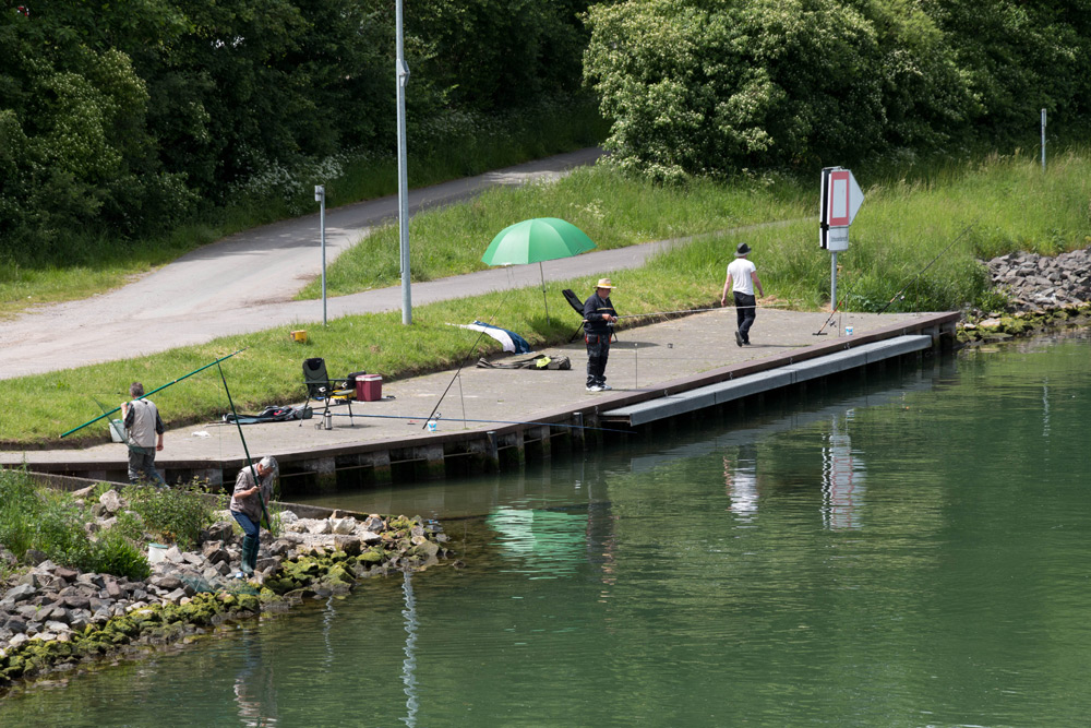 Drei Personen angeln von einem Steg und am Ufer in der Nähe eines grünen Regenschirms, mit einem Weg und Bäumen im Hintergrund.