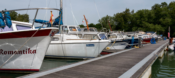 Mehrere Motor- und Segelboote liegen in einem Jachthafen an einem Holzsteg, im Hintergrund sind Bäume zu sehen.