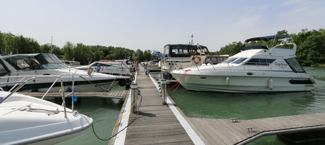 Mehrere Motorboote und Jachten liegen an einem hölzernen Steg an einem ruhigen, grünlichen Fluss, umgeben von Bäumen und unter einem klaren Himmel.